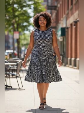 Calvin Klein Black White Laser Cut Geometric Mesh Fit Flare Dress | 14